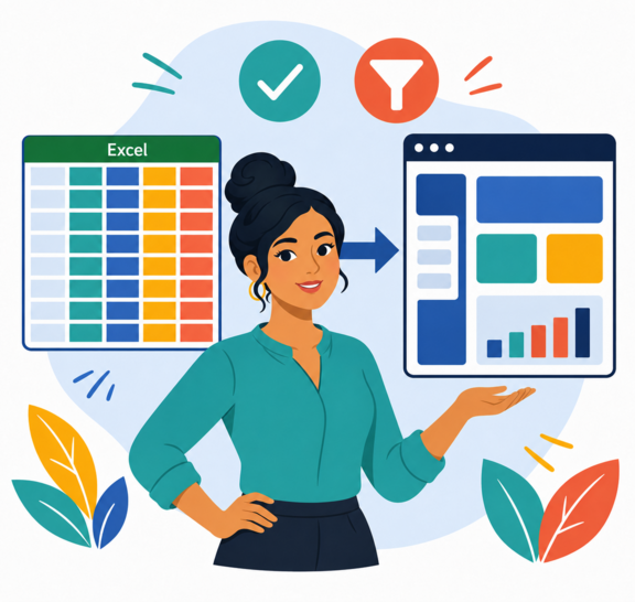 Eine Frau zeigt auf eine Excel-Tabelle mit grüner Kopfzeile „Excel", deren Daten per Pfeil in ein Software-Fenster übertragen werden; Symbole für geprüft und gefiltert. Steht für den Datenimport aus Excel.