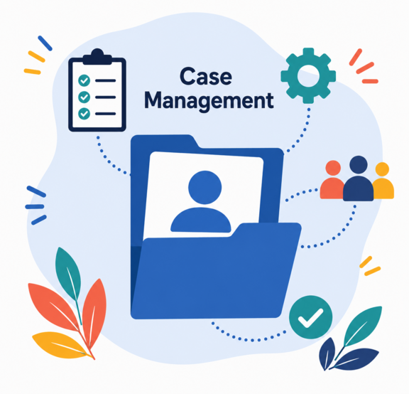 Flache Illustration ohne Personen: Ein geöffneter Aktenordner mit einer Personen-Karte in der Mitte, umgeben von Symbolen für Checkliste, Einstellungen, Team und Erledigt, mit der Überschrift „Case Management". Steht für die zentrale, vernetzte Fallbearbeitung.