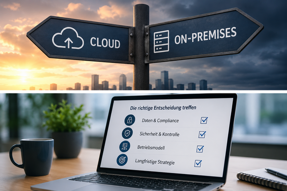Schilder welche in Richtung On Premise und Cloud zeigen sowie ein Laptop mit einer Taskliste