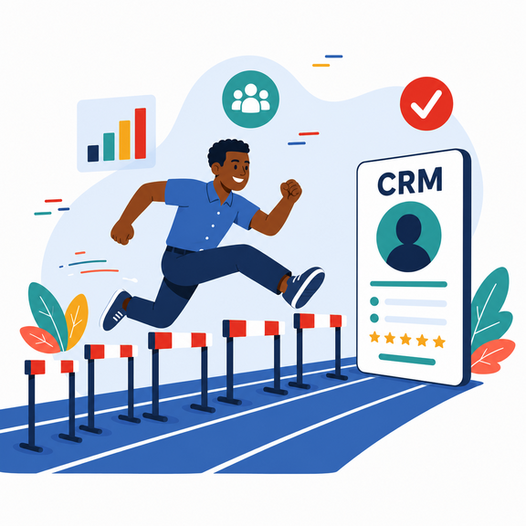 Flache Illustration: Ein Mann überspringt fünf Hürden auf dem Weg zu einer großen Kundenkarte mit „CRM", begleitet von Symbolen für Auswertung, Team und Erledigt. Steht für das Überwinden typischer CRM-Hürden.