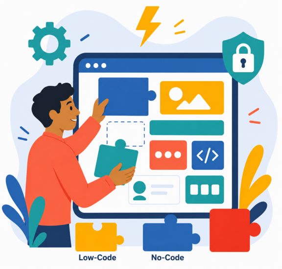 Flache Illustration: Ein junger Mann setzt aus Bausteinen eine Anwendung zusammen, beschriftet „Low-Code" und „No-Code", mit Symbolen für Einstellungen, Sicherheit und Geschwindigkeit. Steht für App-Entwicklung mit wenig bis gar keiner Programmierung.